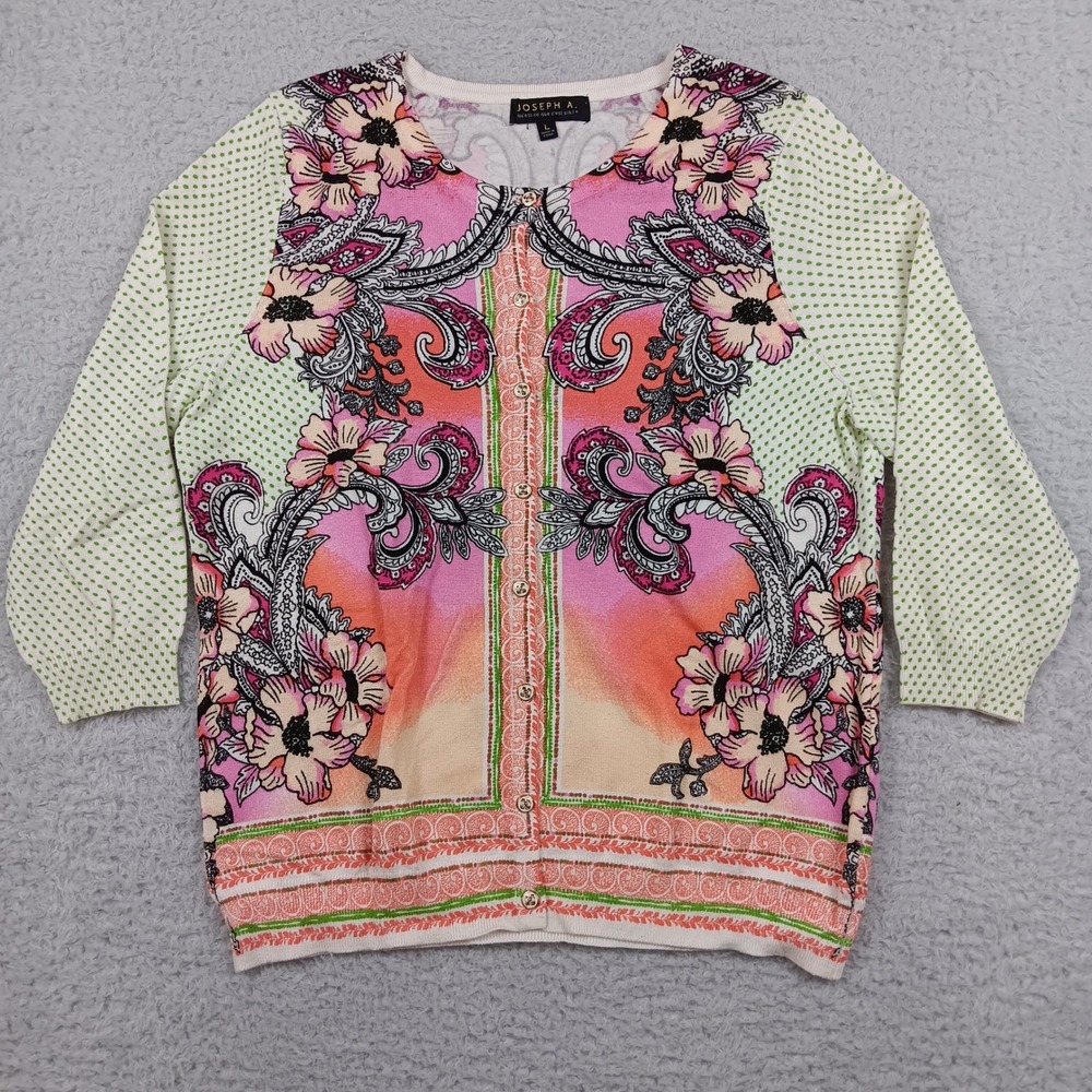 Joseph A. Cardigan Woman L Pink Floral Paisley Polka Dot Mixed Print RN 125019